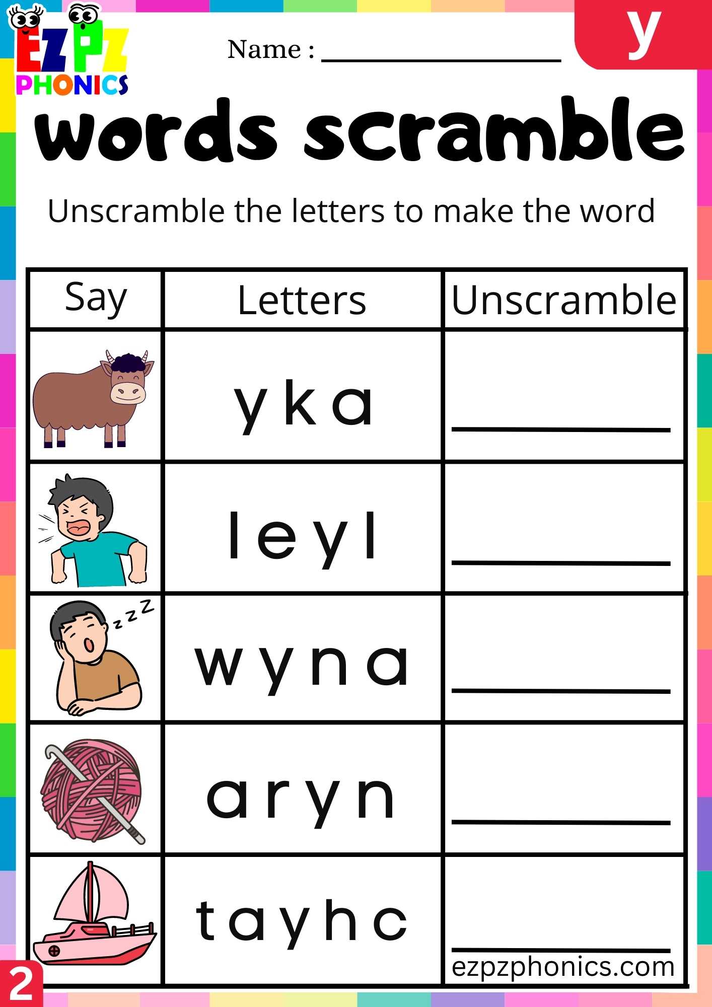 Group2 Letter Y Words Scramble Beginning Sounds Worksheet